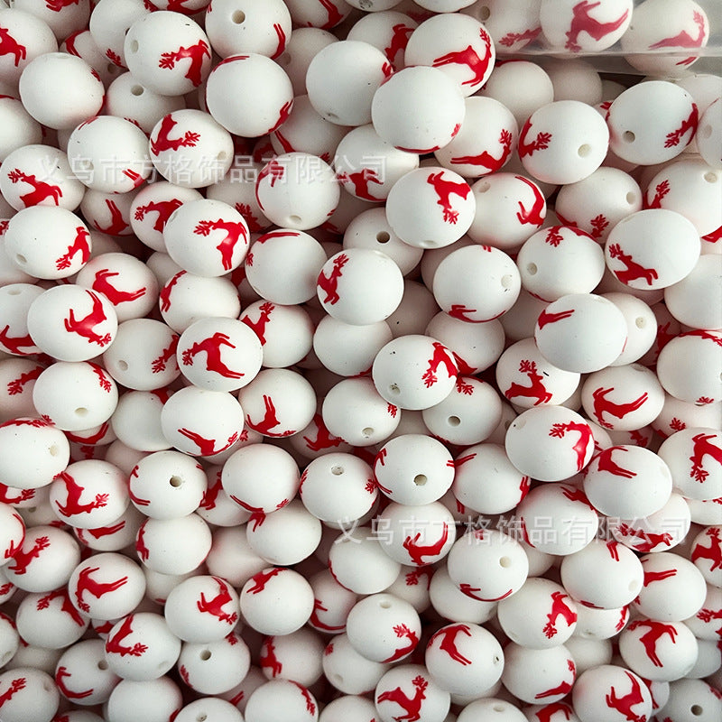 Wholesale 50pcs DIY Christmas Snowman Christmas Tree Printing 15mm Silicone Beads